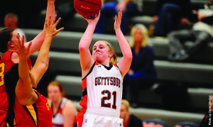 “A perfect shot by Swope (above) from beyond the arc gave Gettysburg the two-point lead with just over ten seconds left. With excellent defense and timely fouling, the Bullets prevented McDaniel from getting a shot off until there was one second left on the clock, but it was off and the Bullets were named Centennial Conference Regular Season Champions.” 