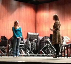 Cecily Cardew, played by Sophomore Taylor Andrews annouces her engagement to Gwendolyn Fairfax, played by Senior Sara Vanasse in the College’s upcoming production of “The Importance of Being Earnest.”