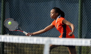 Charrisha Watkins won each of her singles in Gettysburg’s match against Bryn Mawr College, going  6-1 and 6-1. The senior starter is 2-1 on the season overall. (Photo courtesy of David Sinclair)