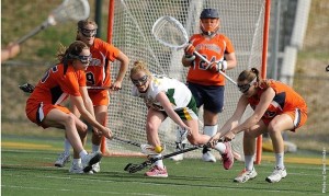 Senior Lindsey Robinson notched the game-winning goal in the Bullets’ match-up against CC rival, Franklin & Marshall. The Lady Bullets came out of the nail-biter 12-11 and earned a first round bye in the CC tournament. (Photo courtesy of David Sinclair)