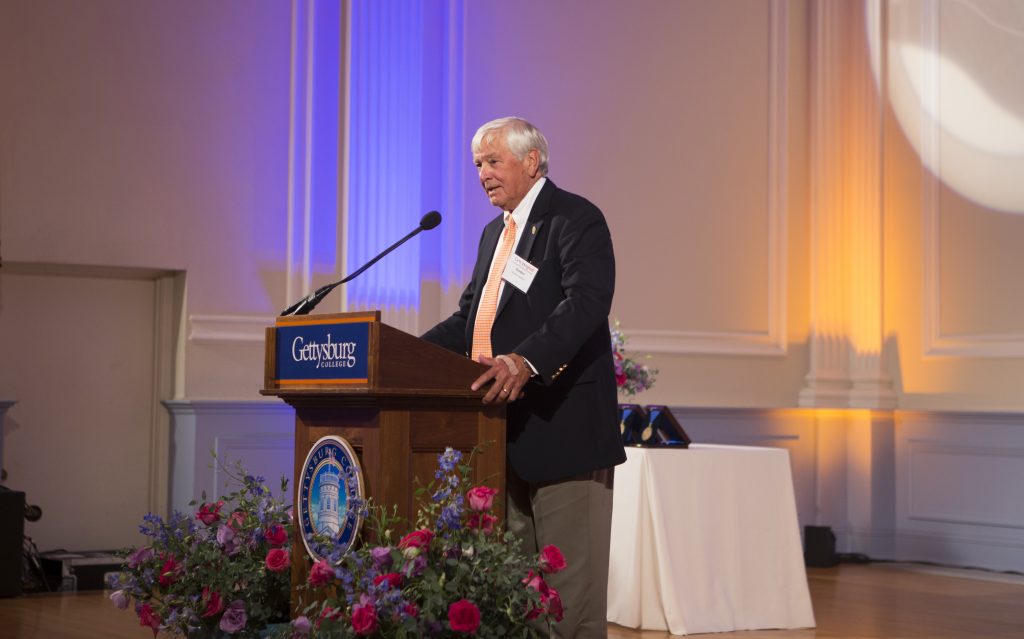 President Emeritus Gordon Haaland speaking at a college event in September 2014 (Photo Gettysburg College Communications and Marketing)