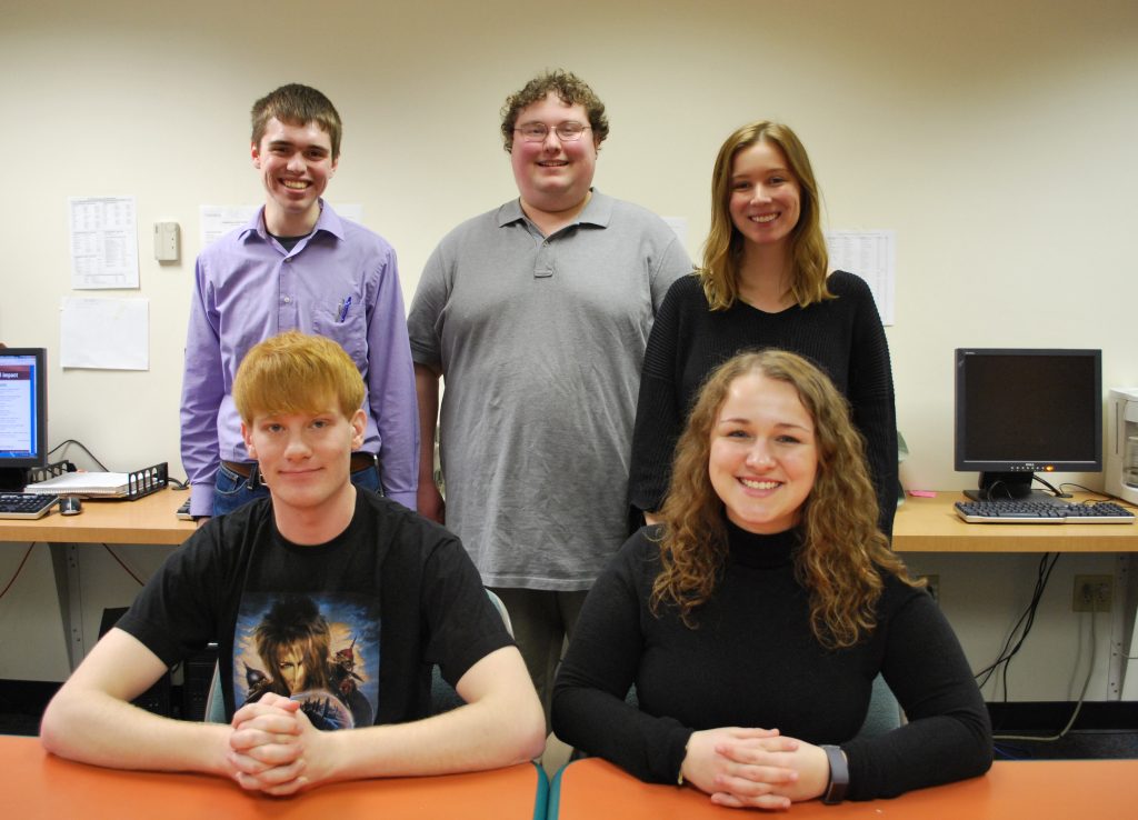 The winners of the PA NewsMedia Association's Student Keystone Press awards pose for a photo in The Gettysburgian's office in the basement of Plank Gymnasium at Gettysburg College. The winners are: front row (L-R): Charlie Sternberg, Samantha Hann; back row (L-R): Benjamin Pontz, Jamie Welch and Daniella Snyder. Not pictured: Joshua Wagner.