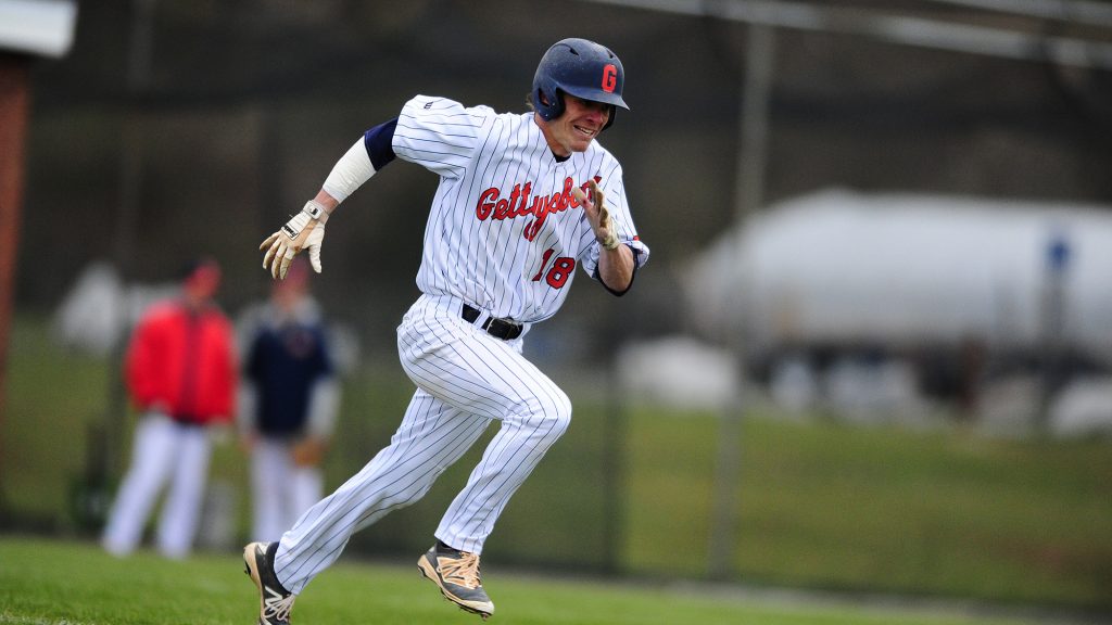 Senior co-captain Chuck Probst went 1-2 with a run and two walks in the season opener against Hood College (Photo Courtesy of David Sinclair).