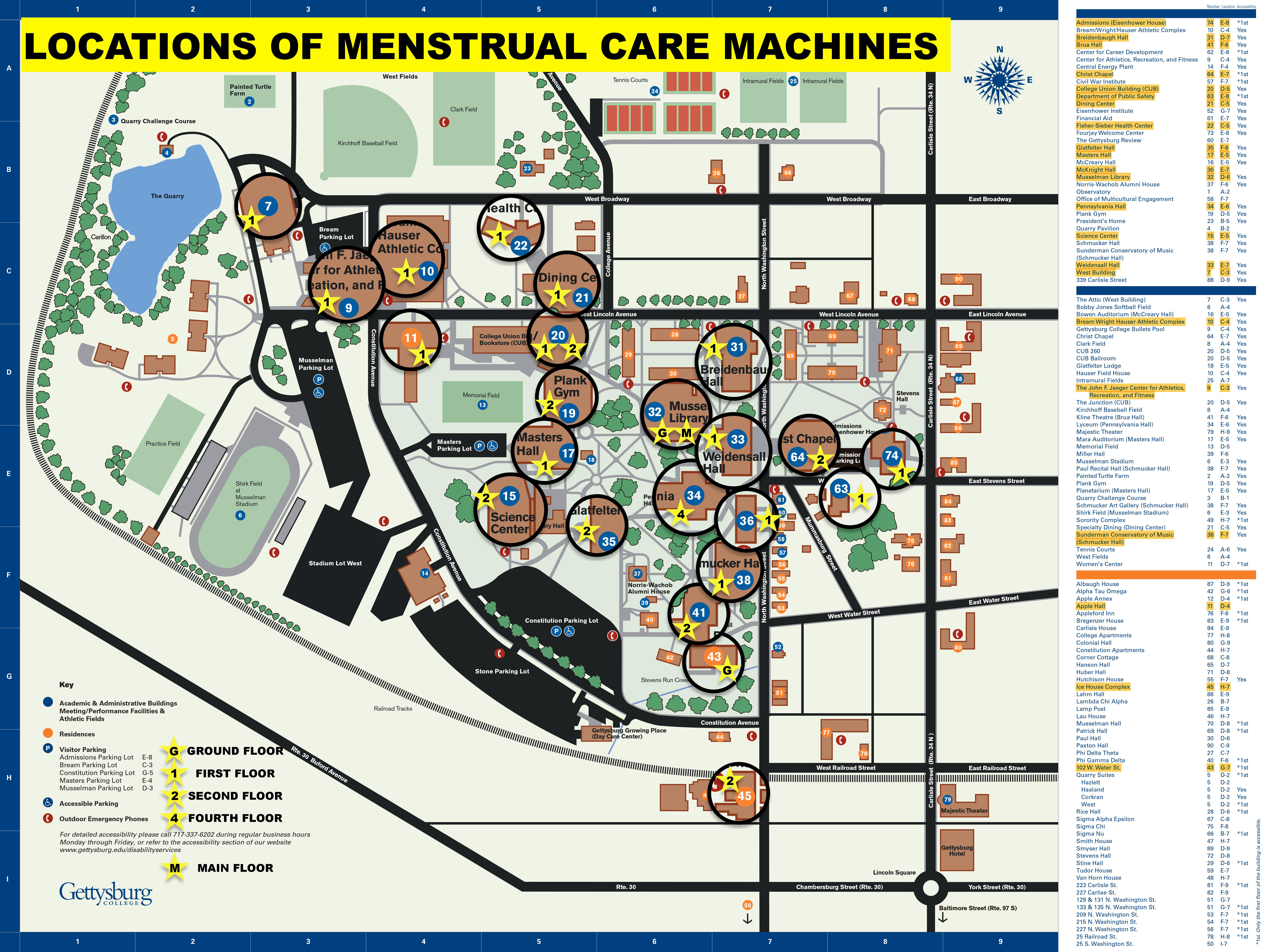 Building locations and floors of the menstrual care product machines are indicated on the map (Map courtesy of Gettysburg College).