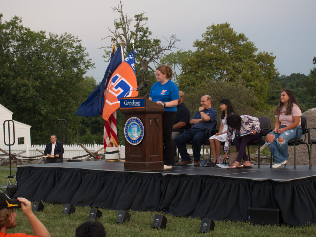 Delaney Borgquist '23 gives opening remarks at the Aug. 25, 2022 First-Year Walk for the Class of 2026 (Photo George Malian/The Gettysburgian)