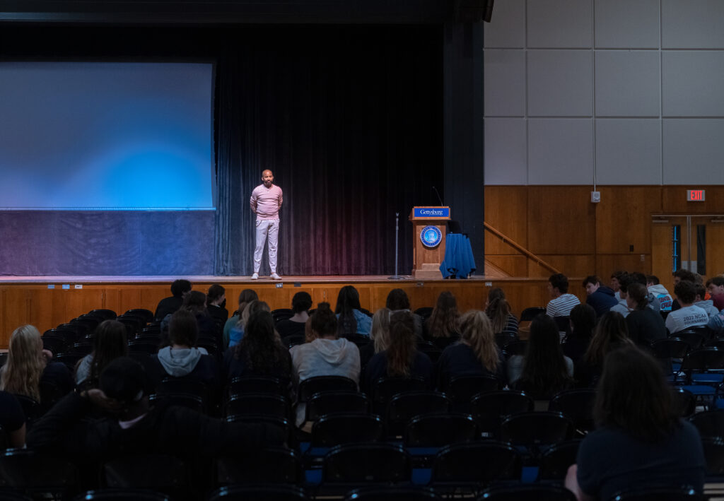 Broadway Actor Antuan Raimone spoke to students in the CUB Ballroom on Monday, Oct. 24, 2022 about his experiences as a survivor of sexual abuse (Photo Will Oehler/The Gettysburgian).