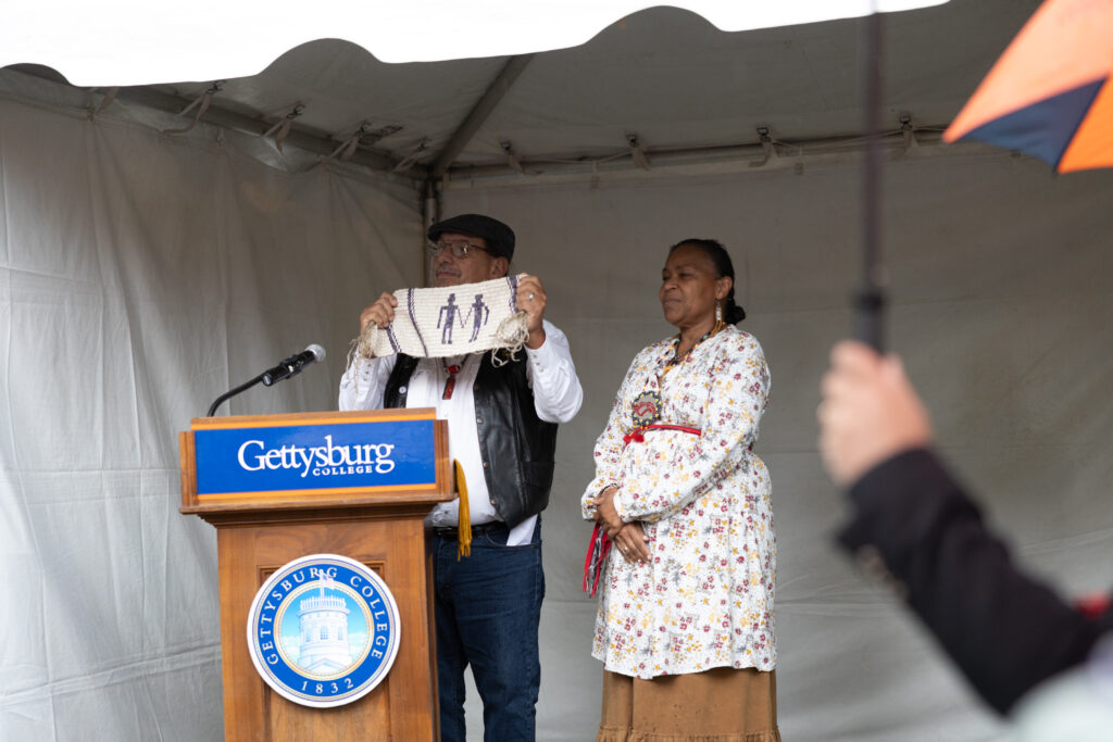 Two of the honored guests speak at the Land Acknowledgement Dedication on Oct. 13, 2022 (Photo Eric Lippe/The Gettysburgian).