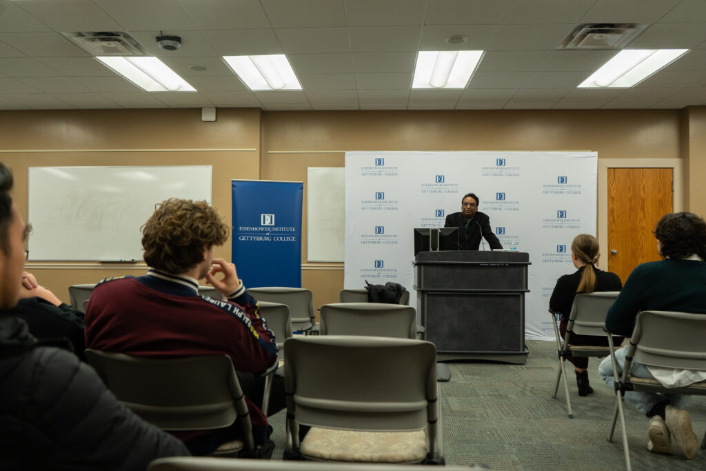 Dr. Ram Mahalingam talks at the Precarity, Dignity, and Well-Being Lecture hosted by the Eisenhower Institute on Thursday, Nov. 3, 2022 (Photo Will Oehler/The Gettysburgian)