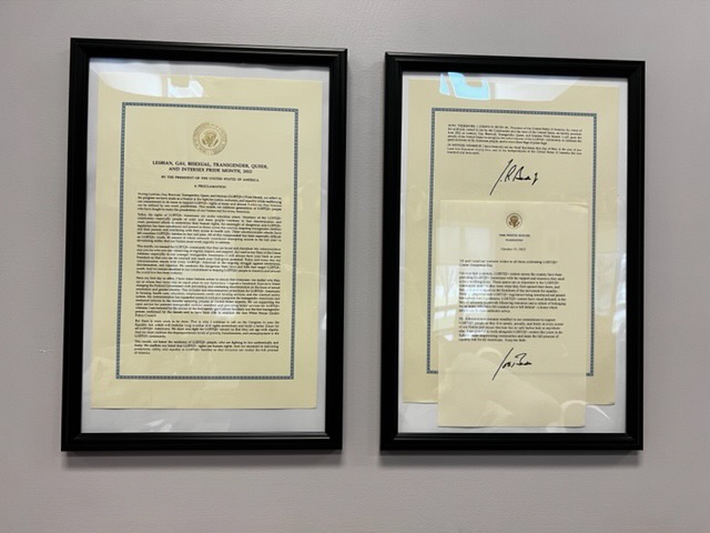 Biden’s letter hanging in the GSRC. (Photo courtesy of AJ Del Gaudio, Director of the Gender and Sexuality Resource Center)