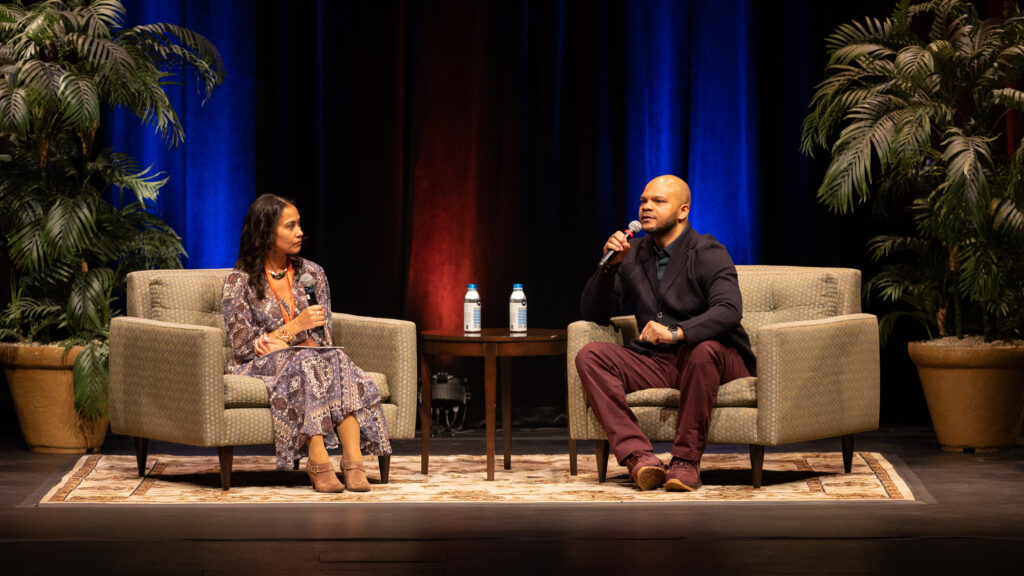 Member of the exonerated Central Park Five Kevin Richardson talks to local educator Alisha Sanders at the Ken Burns Film Festival on Saturday, Feb. 11, 2023 (Photo Eric Lippe/The Gettysburgian)