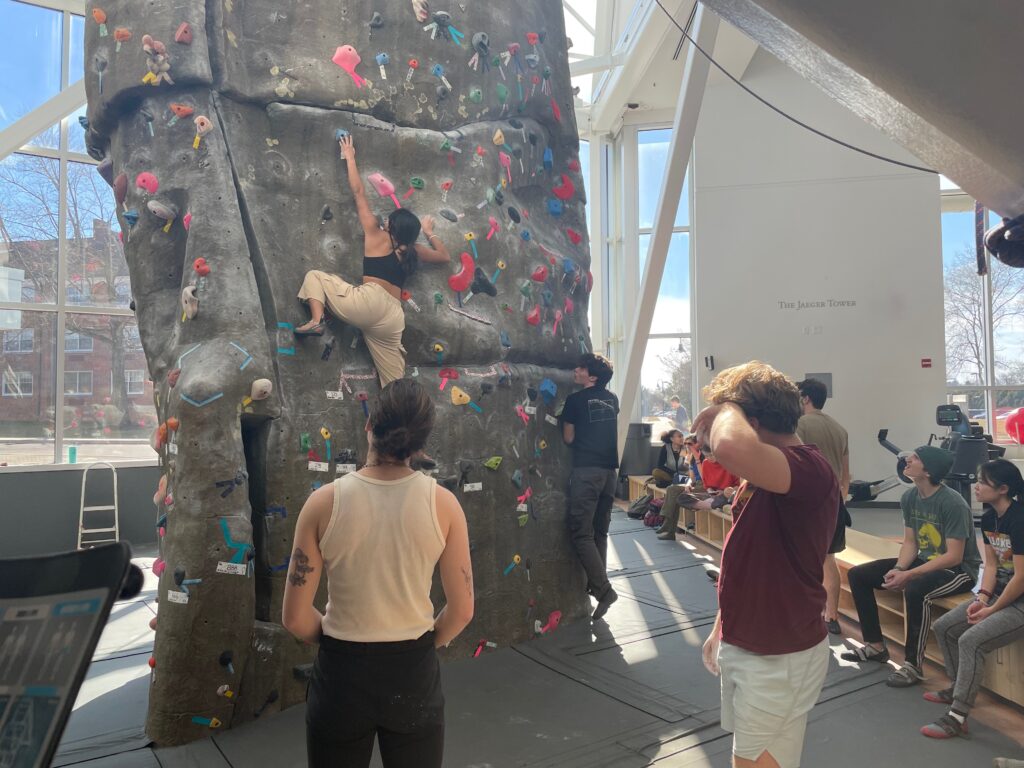 Students participate in Battle of the Burg climbing competition at the Jaegar Center on Saturday, Feb. 11, 2023 (Photo Ella Prieto/The Gettysburgian)