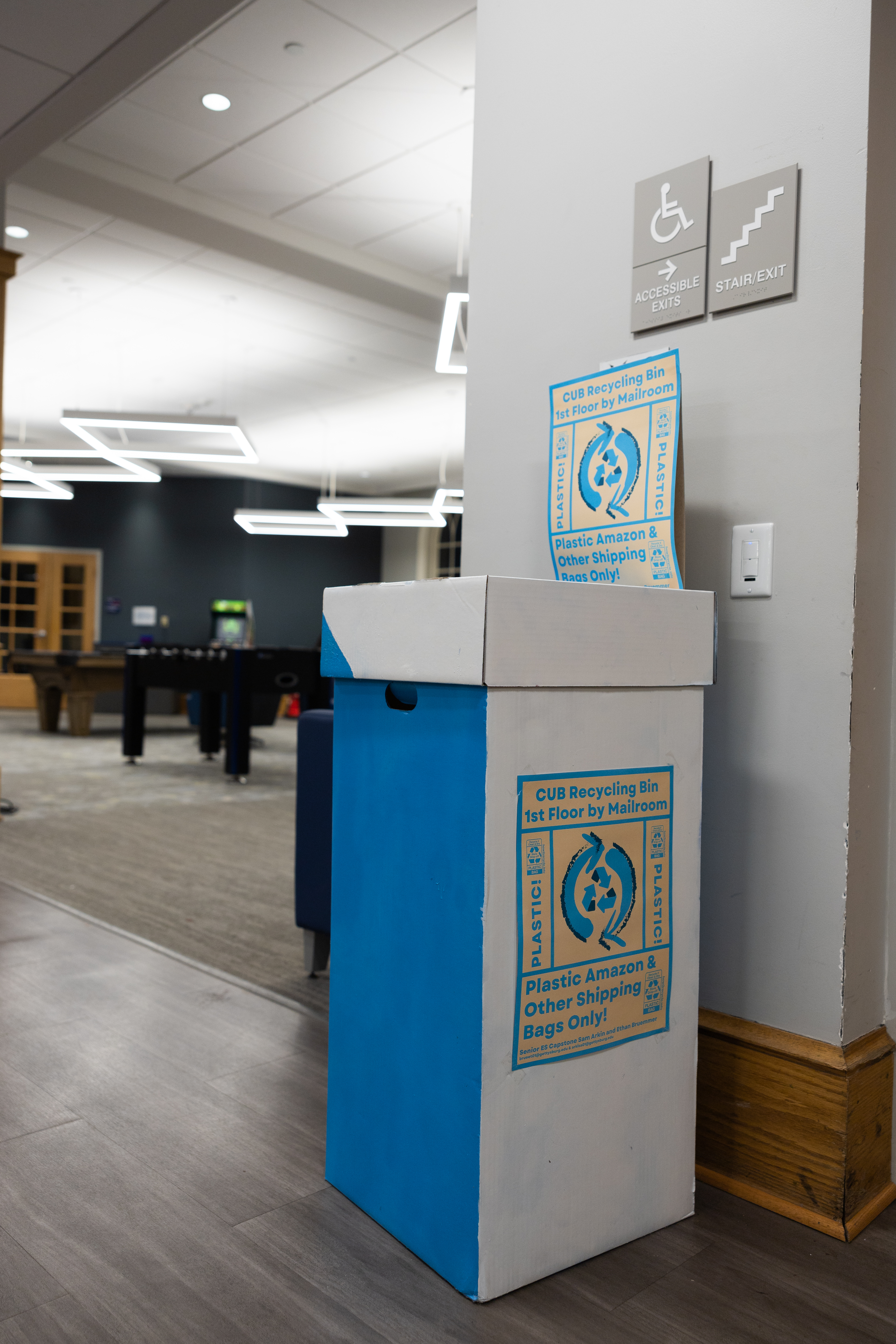 Plastic Amazon and shipping bags recycling bin in CUB installed by environmental studies capstone students (Photo Eric Lippe/The Gettysburgian)