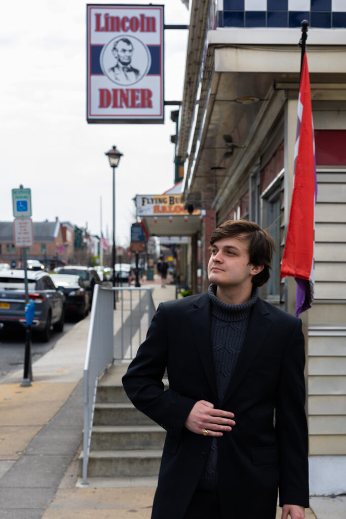 Blake Dudley '23 outside Lincoln Diner after eating the famed fried oyster sandwich (Photo Eric Lippe/The Gettysburgian)