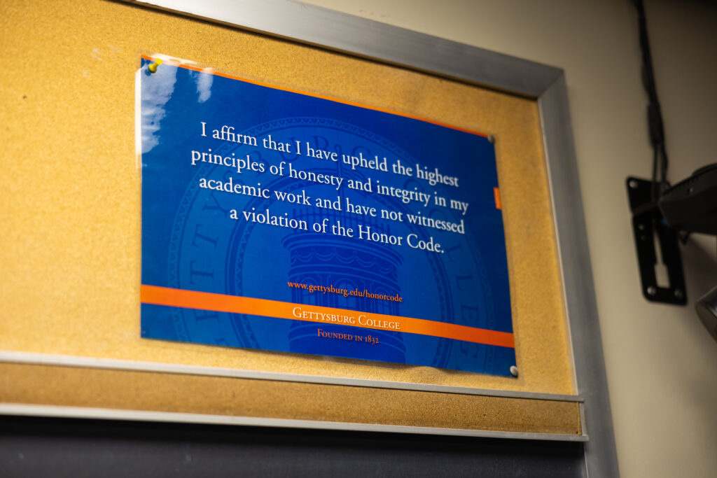 Honor Code sign in a classroom (Photo Eric Lippe/The Gettysburgian)