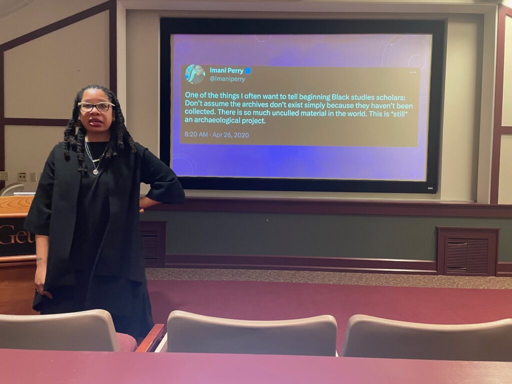 Dr. Alisha Gaines gives lecture "Children of the Plantationocene" on Thursday, April 6, 2023 (Photo Ella Prieto/The Gettysburgian)