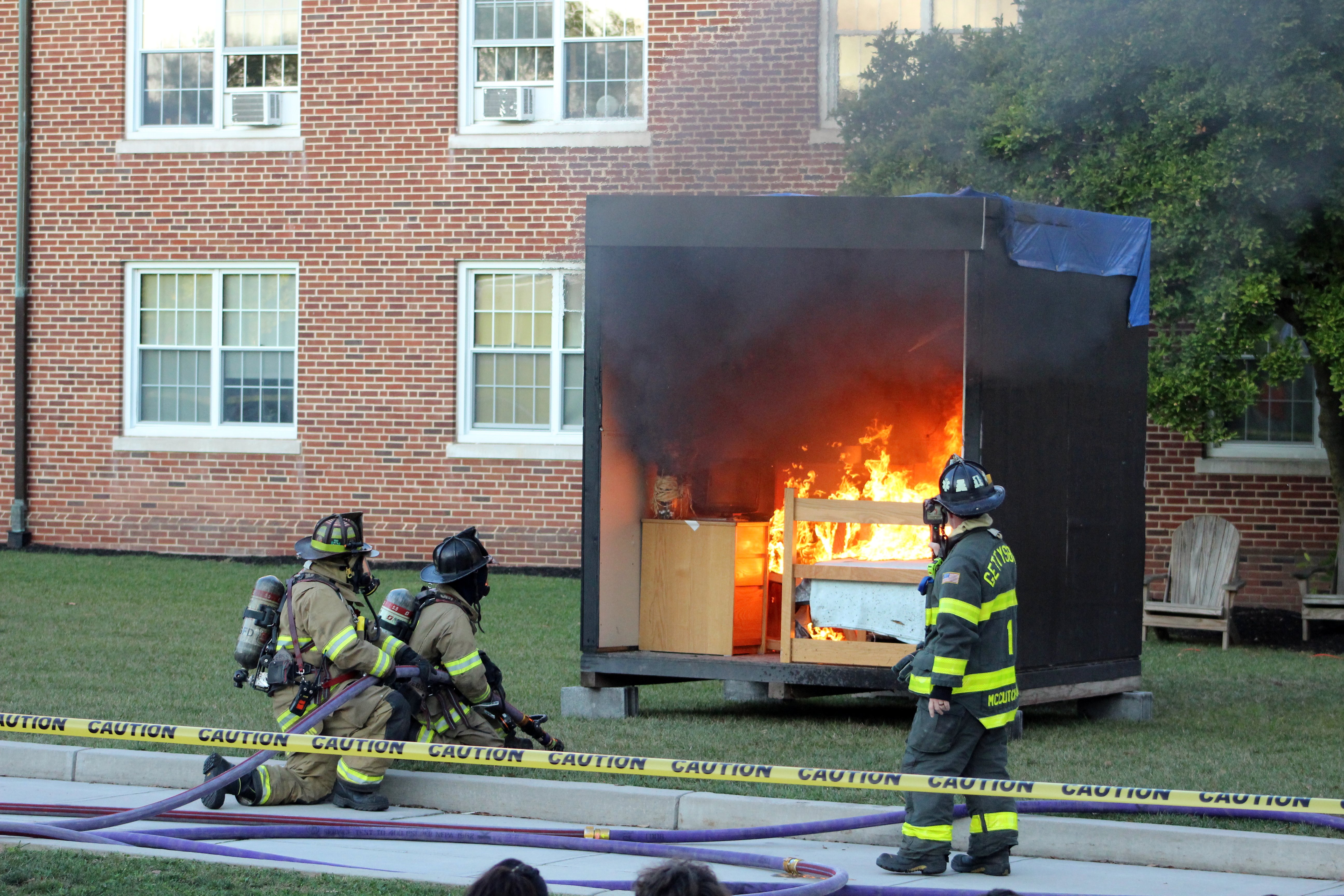 A dorm fire simulation is held during Campus Safety Day. (Photo Grace Jurchak/The Gettysburgian)