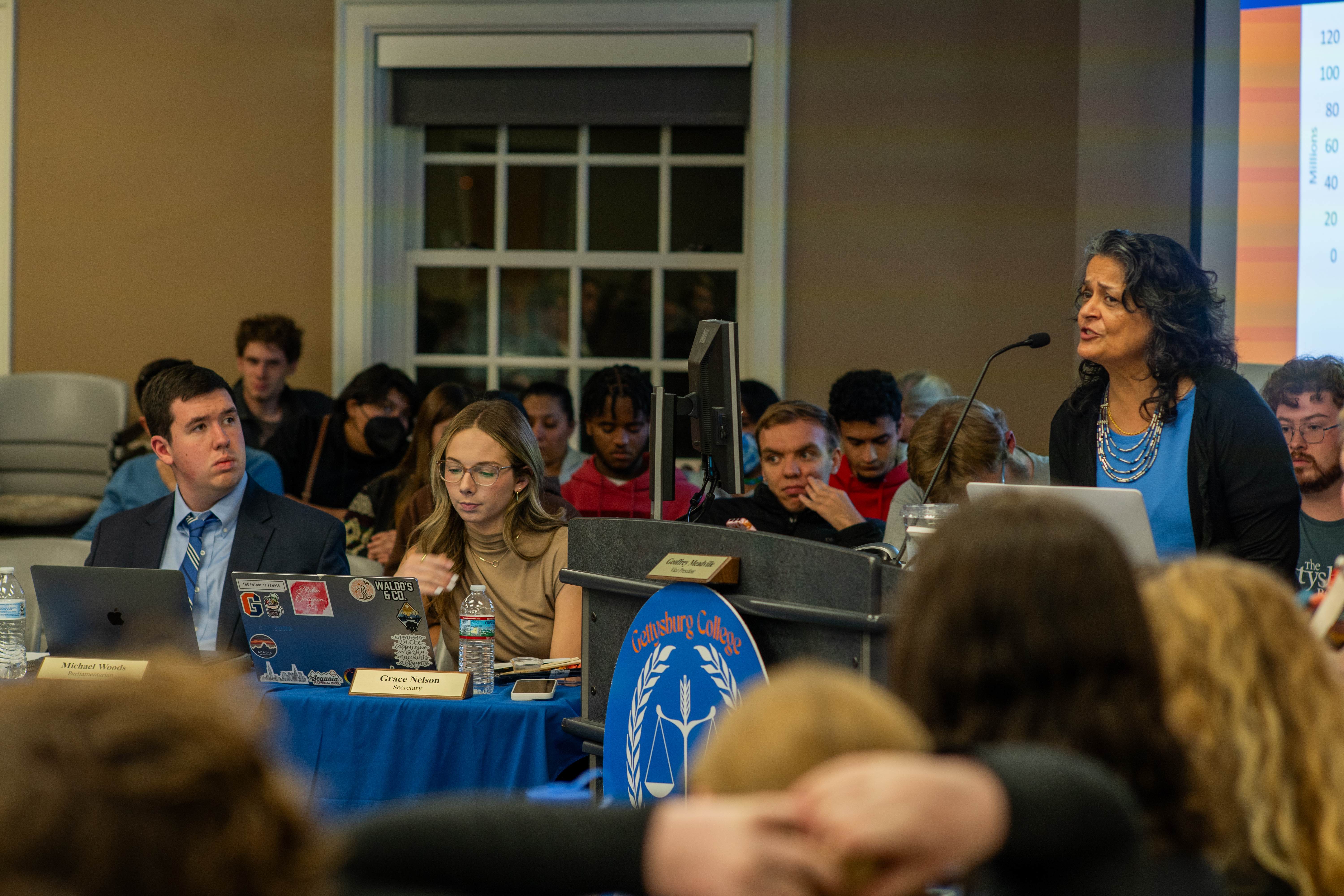 Provost Jamila Bookwala addressing those in the audience at the 10/16 Student Senate Meeting. (Photo William Oehler/The Gettysburgian)