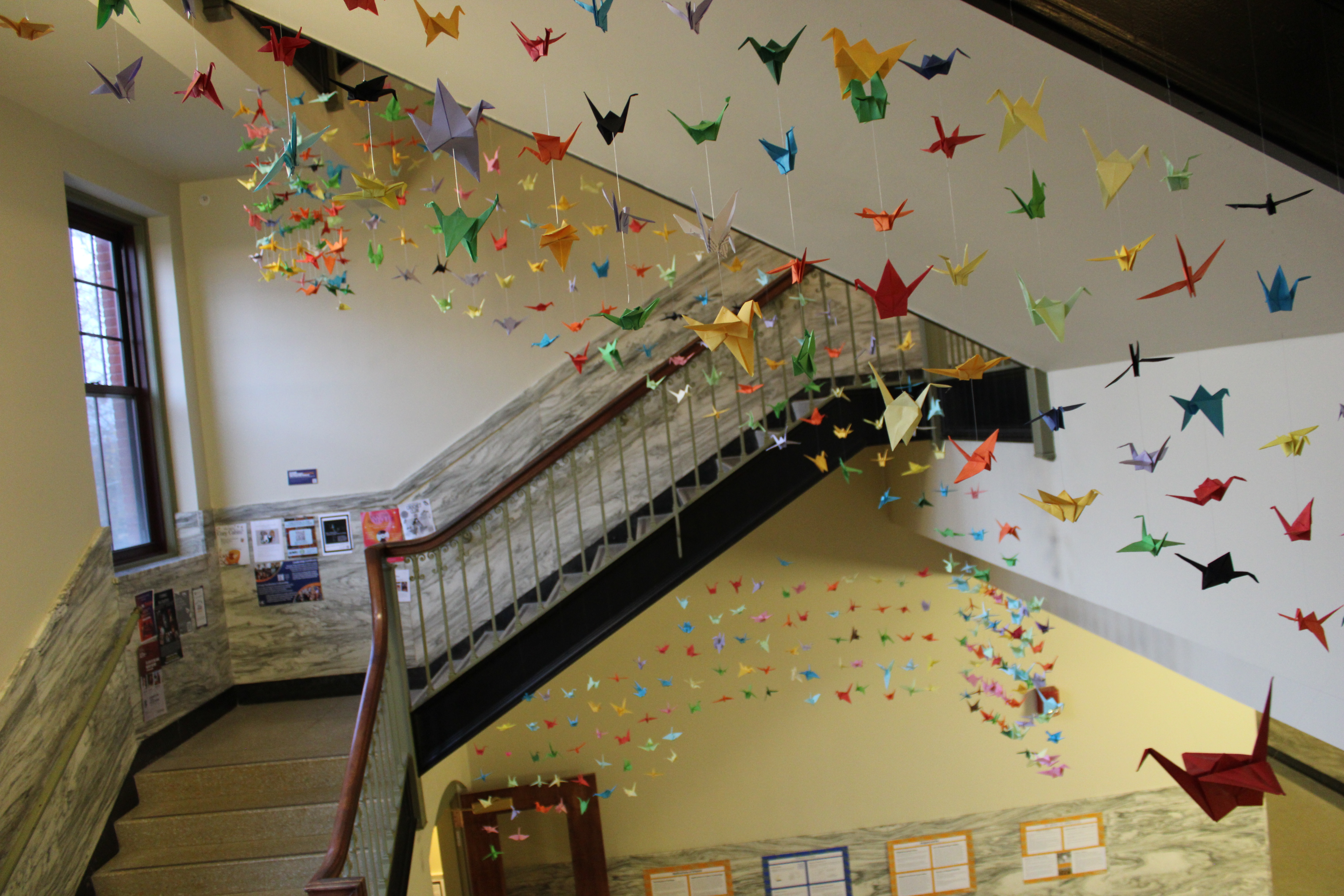 The paper crane display in Glatfelter Hall. (Photo Annie Bolenbaugh/The Gettysburgian)