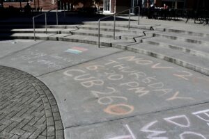 Chalk on the sidewalk outside of CUB to promote the Seth Dillon lecture. (Photo Joshua Fackler/The Gettysburgian)