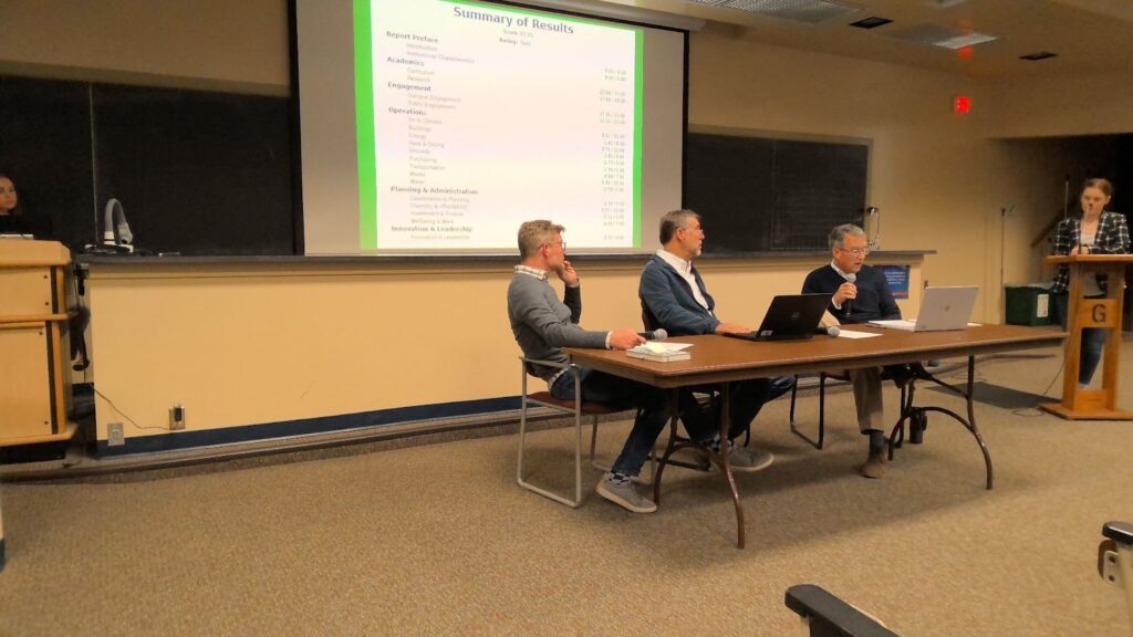 STARS panel discusses the results of the campus sustainability report. (L-R) Jeff Rioux, Randy Wilson, Jim Biesecker and discussion facilitator Molly Hoffman ’24. (Photo: Brandon Fey, The Gettysburgian) 