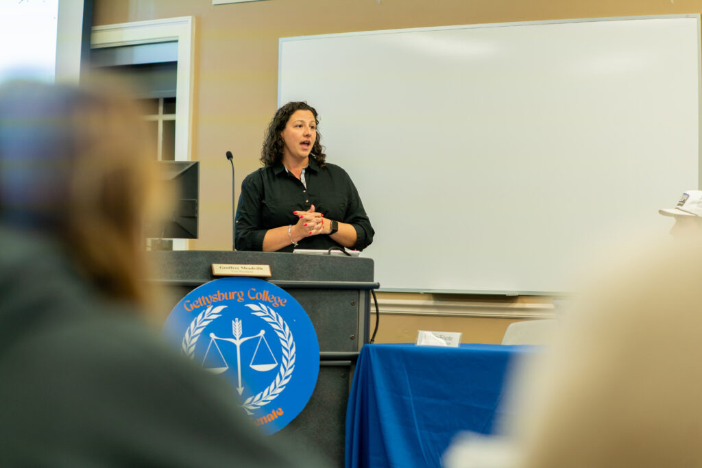 Associate Dean for Inclusion and Belonging Cristina Garcia speaking to the Student Senate. (Photo William Oehler/The Gettysburgian)